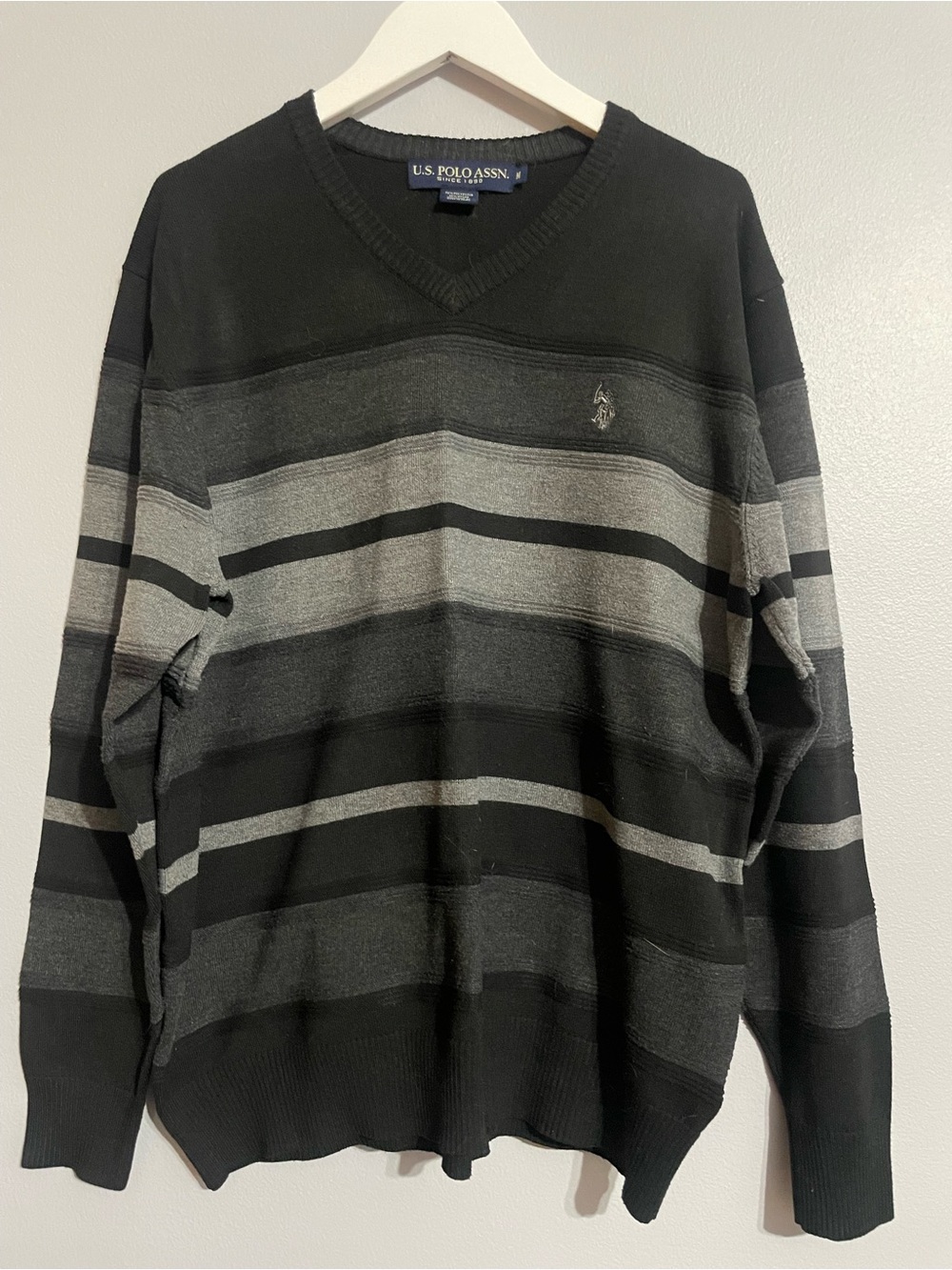 U.S. Polo Assn. Men's Black and Gray Striped V-Neck Sweater